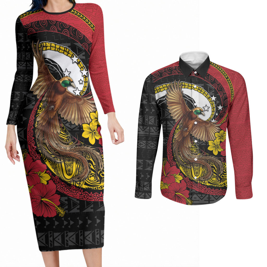 Personalised Papua New Guinea Language Week Couples Matching Long Sleeve Bodycon Dress and Long Sleeve Button Shirt Bird Of Paradise Tribal Floral Pattern DT05 Black - Polynesian Pride