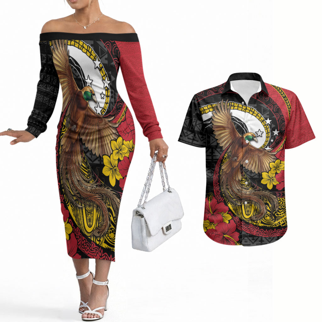 Personalised Papua New Guinea Language Week Couples Matching Off The Shoulder Long Sleeve Dress and Hawaiian Shirt Bird Of Paradise Tribal Floral Pattern DT05 Black - Polynesian Pride