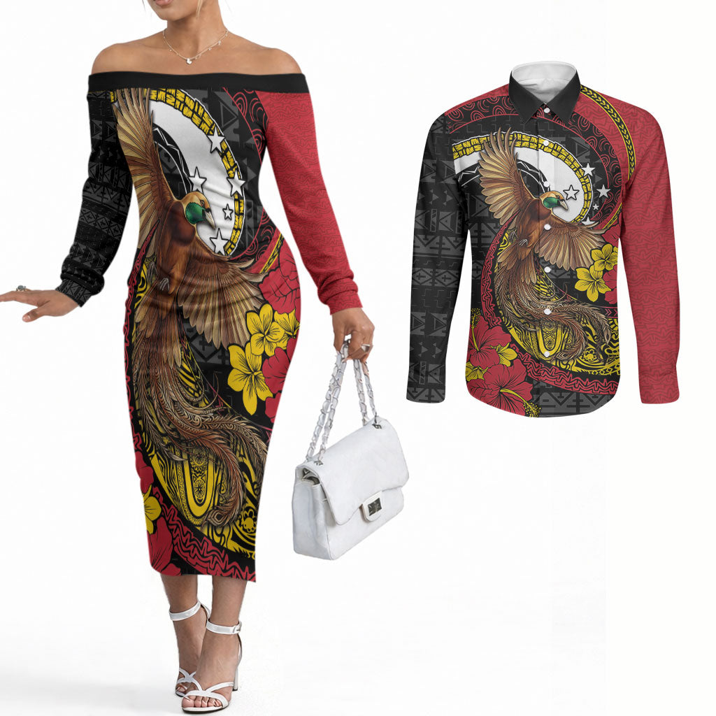 Personalised Papua New Guinea Language Week Couples Matching Off The Shoulder Long Sleeve Dress and Long Sleeve Button Shirt Bird Of Paradise Tribal Floral Pattern DT05 Black - Polynesian Pride