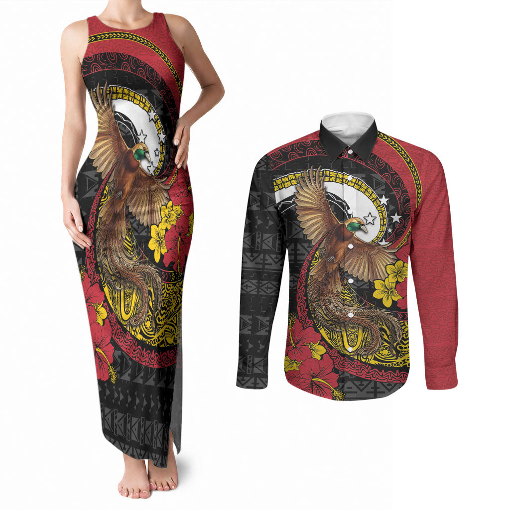 Personalised Papua New Guinea Language Week Couples Matching Tank Maxi Dress and Long Sleeve Button Shirt Bird Of Paradise Tribal Floral Pattern DT05 Black - Polynesian Pride
