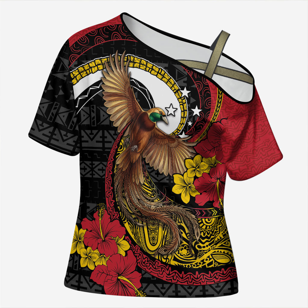 Personalised Papua New Guinea Language Week Cross Shoulder Shirt Bird Of Paradise Tribal Floral Pattern DT05 Female Black - Polynesian Pride