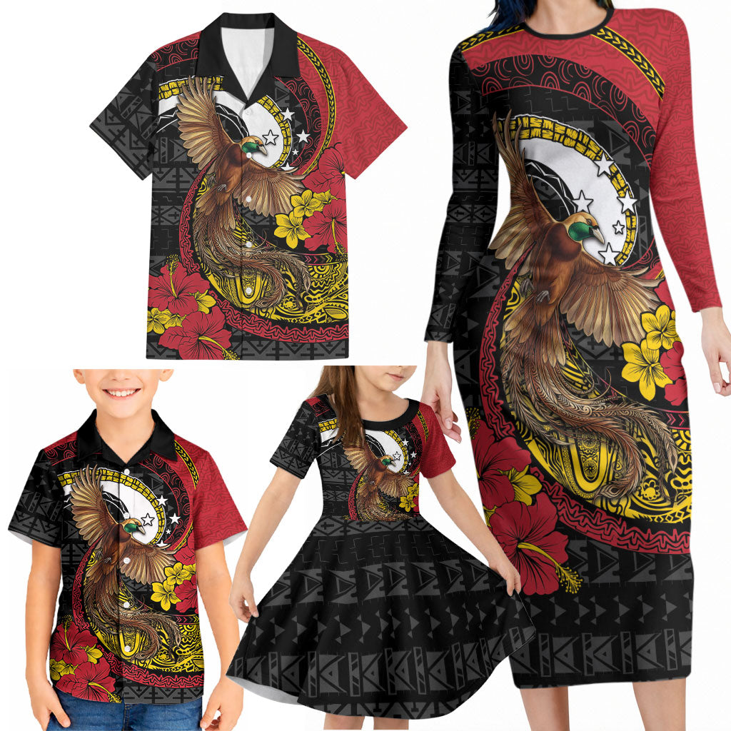 Personalised Papua New Guinea Language Week Family Matching Long Sleeve Bodycon Dress and Hawaiian Shirt Bird Of Paradise Tribal Floral Pattern DT05 - Polynesian Pride