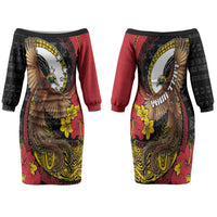 Personalised Papua New Guinea Language Week Family Matching Off The Shoulder Long Sleeve Dress and Hawaiian Shirt Bird Of Paradise Tribal Floral Pattern DT05 Mom's Dress Black - Polynesian Pride
