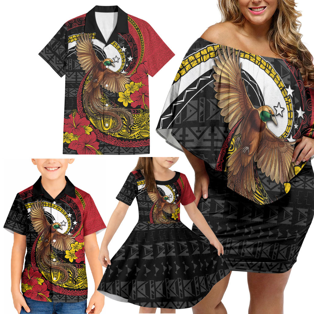 Personalised Papua New Guinea Language Week Family Matching Off Shoulder Short Dress and Hawaiian Shirt Bird Of Paradise Tribal Floral Pattern DT05 - Polynesian Pride