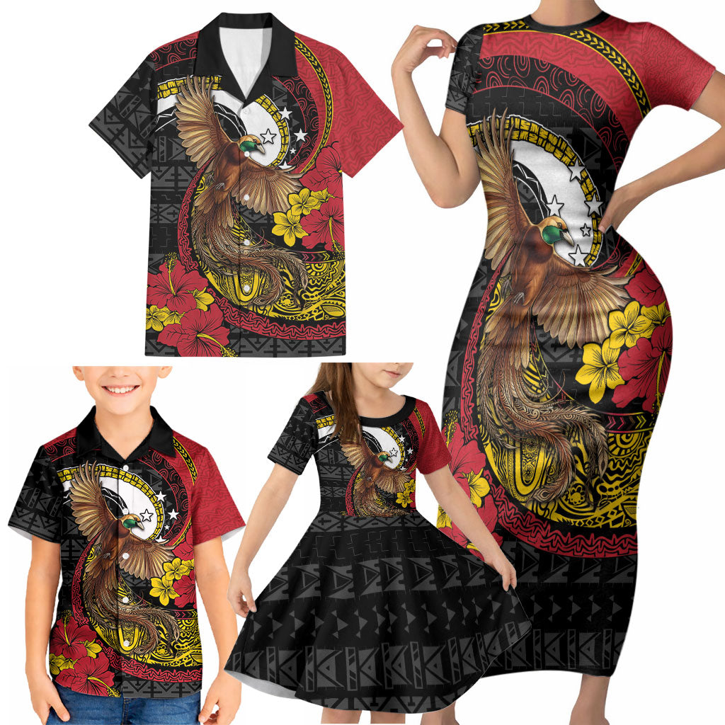 Personalised Papua New Guinea Language Week Family Matching Short Sleeve Bodycon Dress and Hawaiian Shirt Bird Of Paradise Tribal Floral Pattern DT05 - Polynesian Pride