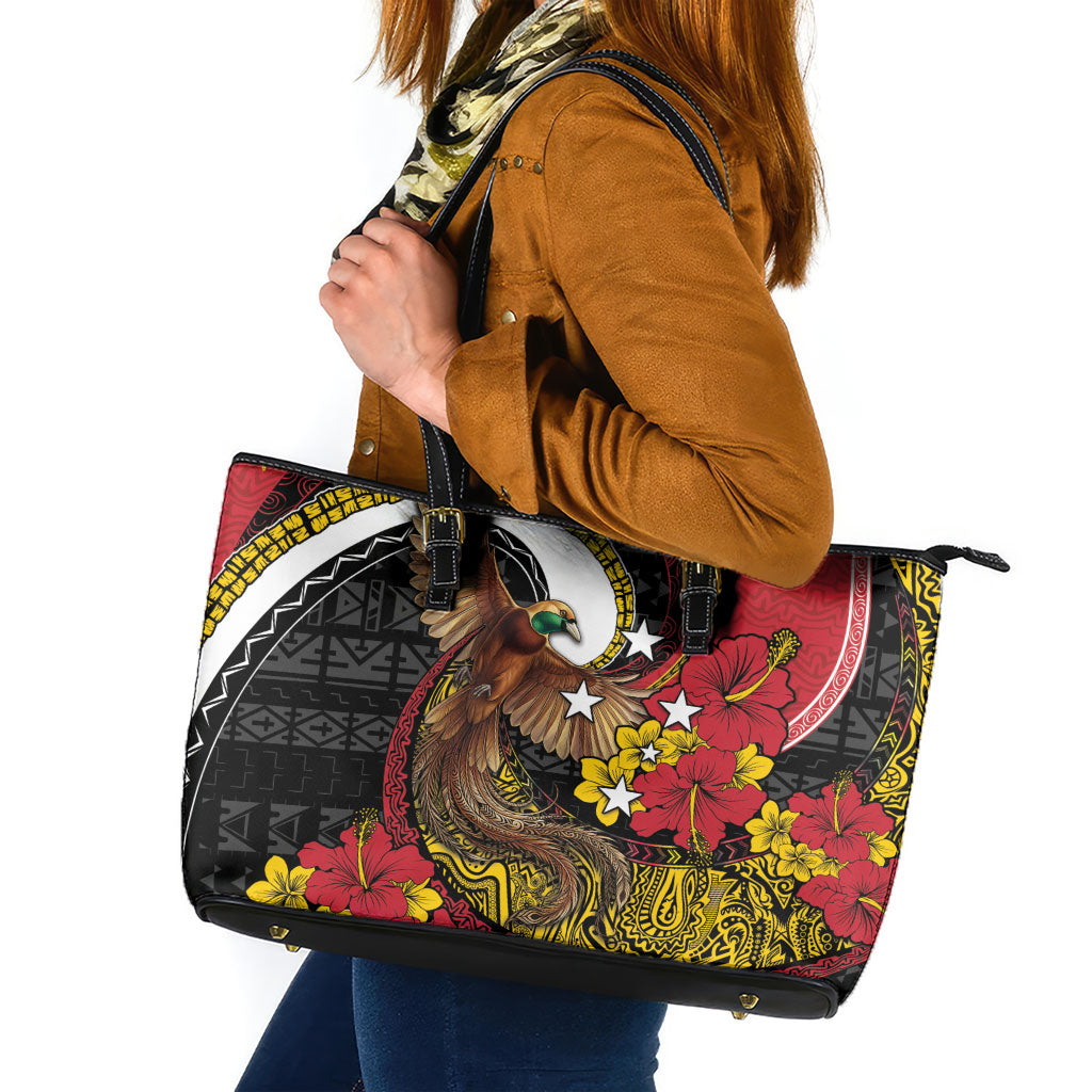 Papua New Guinea Language Week Leather Tote Bag Bird Of Paradise Tribal Floral Pattern DT05 Black - Polynesian Pride