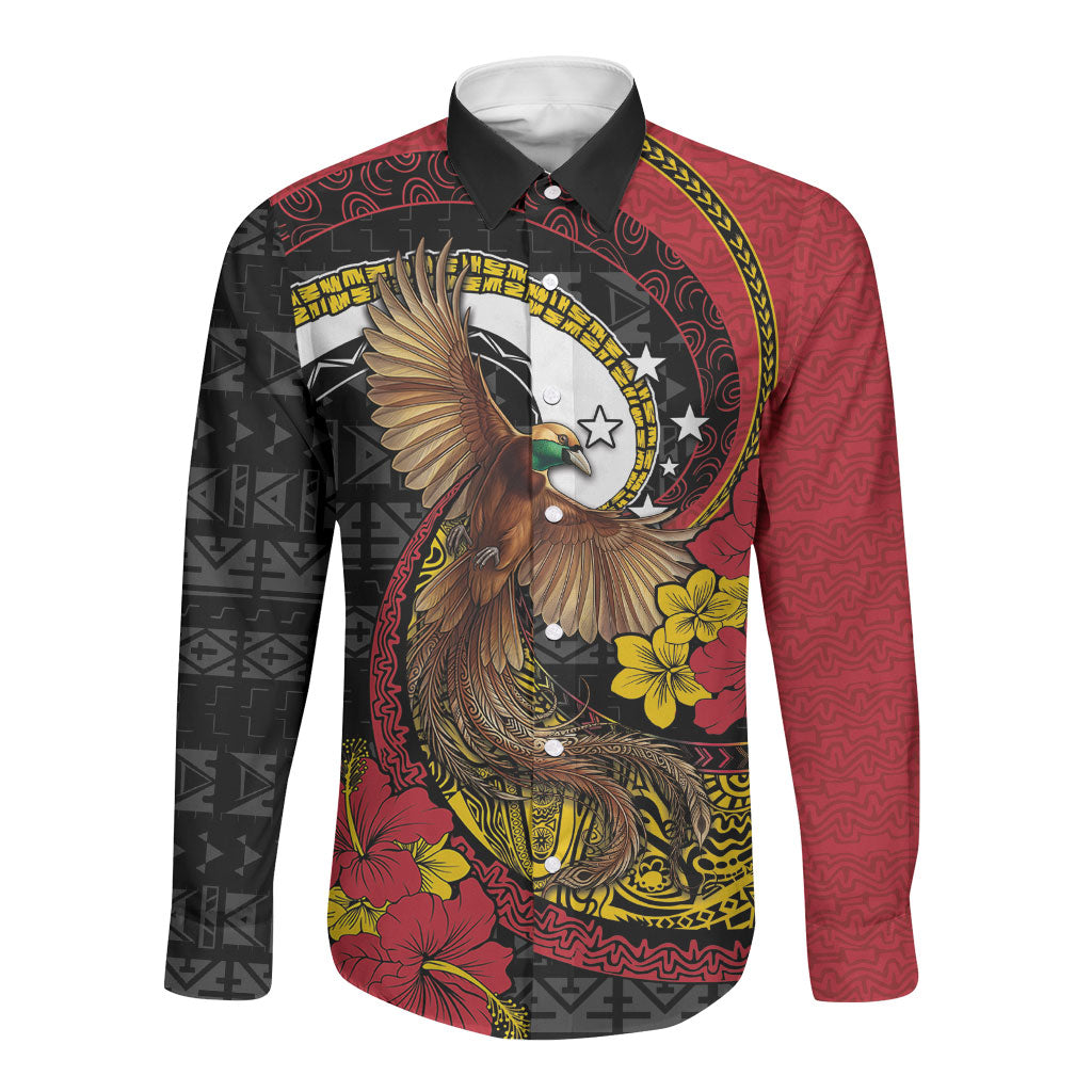 Personalised Papua New Guinea Language Week Long Sleeve Button Shirt Bird Of Paradise Tribal Floral Pattern DT05 Unisex Black - Polynesian Pride