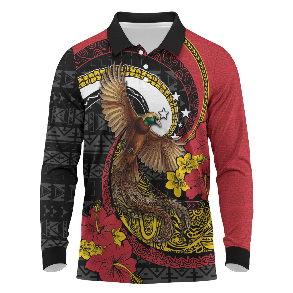 Personalised Papua New Guinea Language Week Long Sleeve Polo Shirt Bird Of Paradise Tribal Floral Pattern DT05 Black - Polynesian Pride