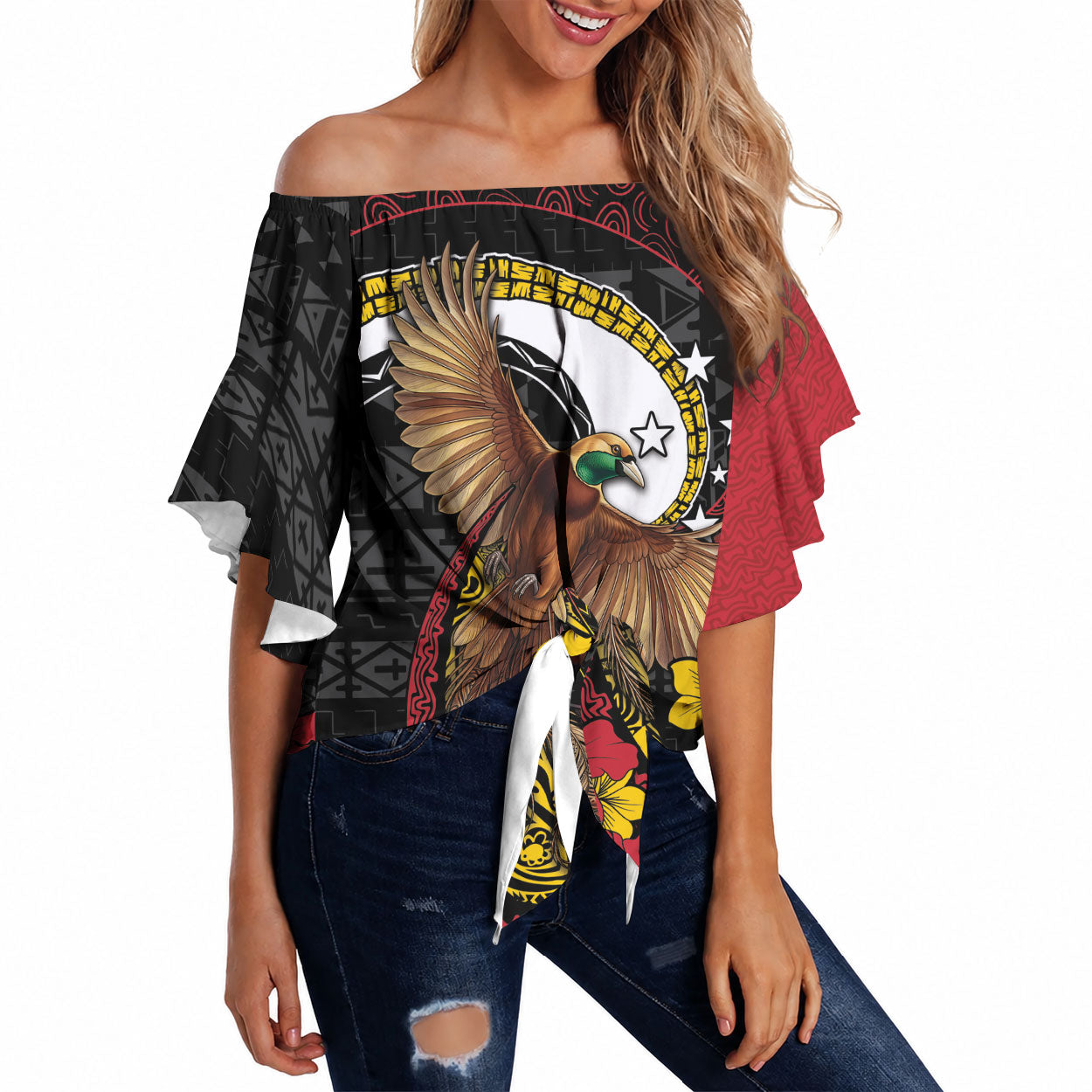 Personalised Papua New Guinea Language Week Off Shoulder Wrap Waist Top Bird Of Paradise Tribal Floral Pattern DT05 Black - Polynesian Pride