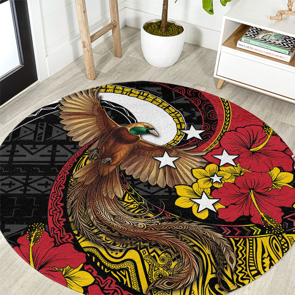 Papua New Guinea Language Week Round Carpet Bird Of Paradise Tribal Floral Pattern DT05 Black - Polynesian Pride