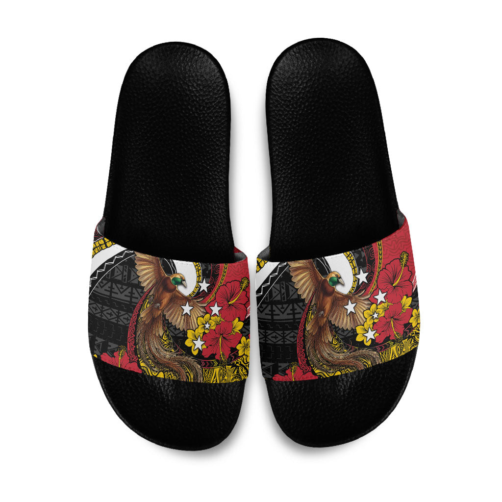 Papua New Guinea Language Week Slide Sandals Bird Of Paradise Tribal Floral Pattern DT05 Black - Polynesian Pride