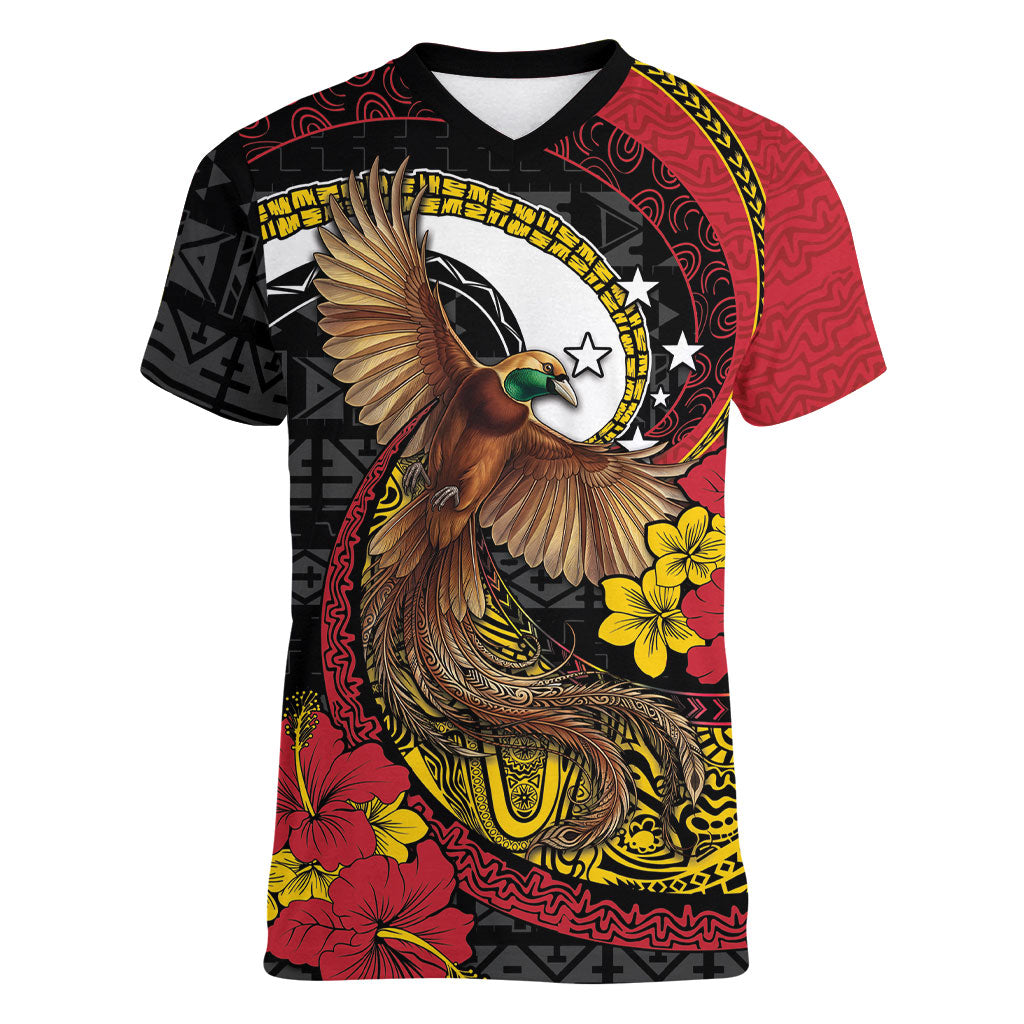 Personalised Papua New Guinea Language Week Women V-Neck T-Shirt Bird Of Paradise Tribal Floral Pattern DT05 Female Black - Polynesian Pride