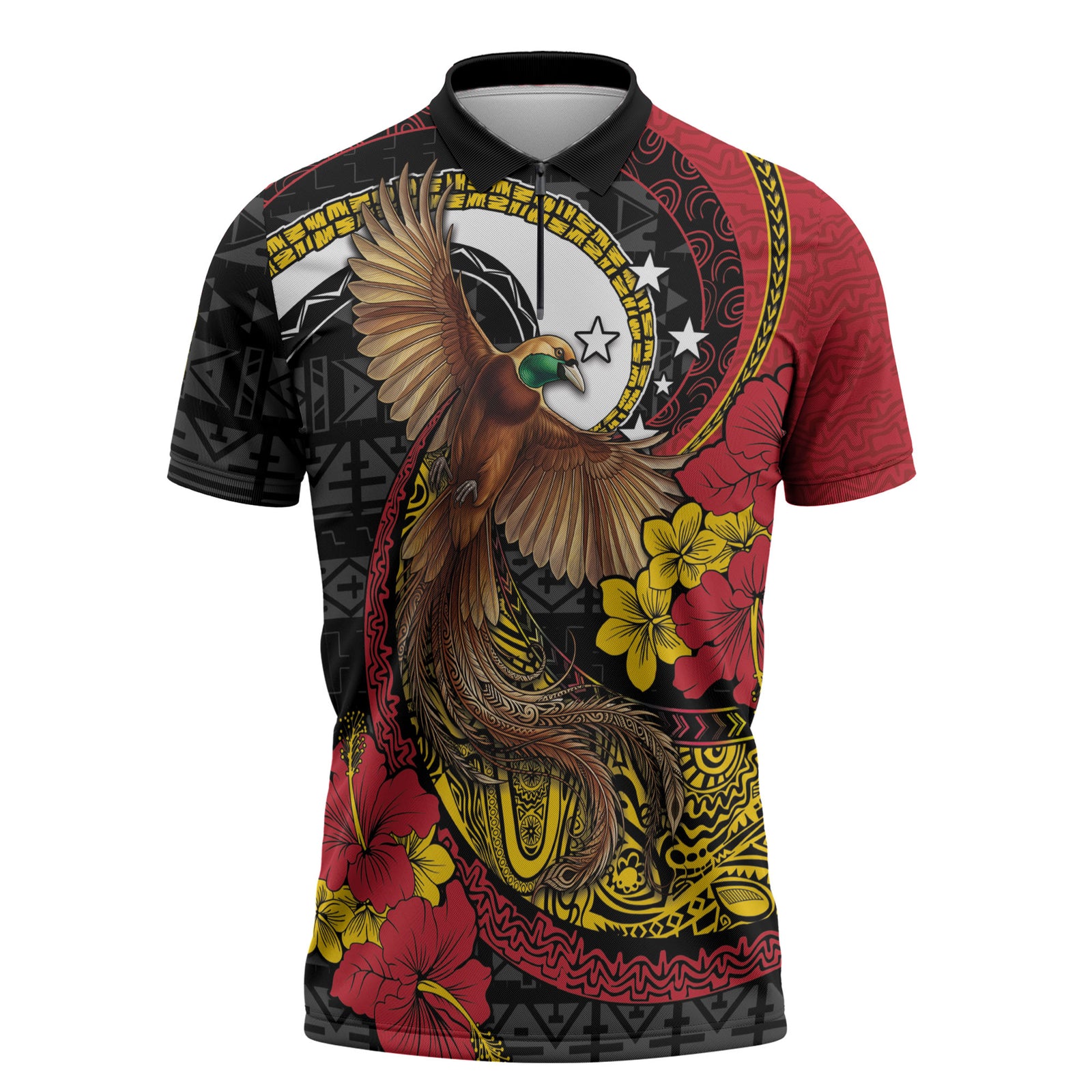 Personalised Papua New Guinea Language Week Zipper Polo Shirt Bird Of Paradise Tribal Floral Pattern DT05 Black - Polynesian Pride