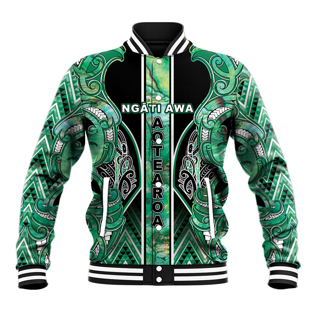 Aotearoa Ngati Awa Baseball Jacket Maori Tribal Green Marble Paua Shell Pattern