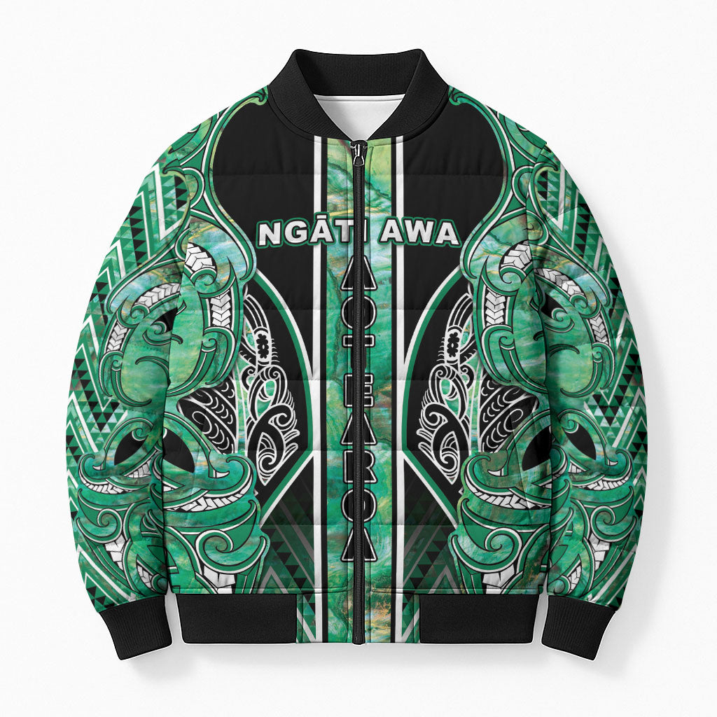 Aotearoa Ngati Awa Bomber Puffer Jacket Maori Tribal Green Marble Paua Shell Pattern
