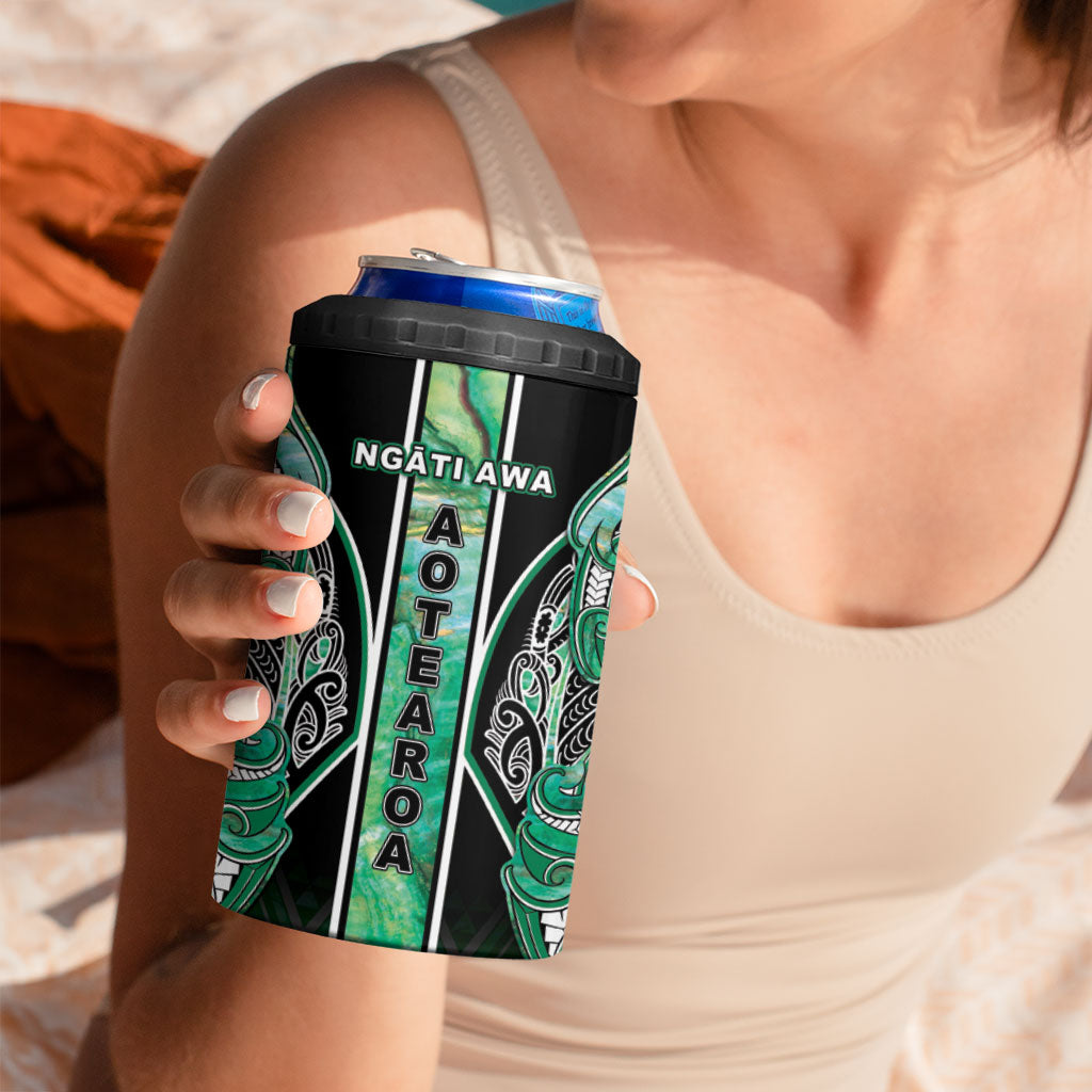 Aotearoa Ngati Awa 4 in 1 Can Cooler Tumbler Maori Tribal Green Marble Paua Shell Pattern