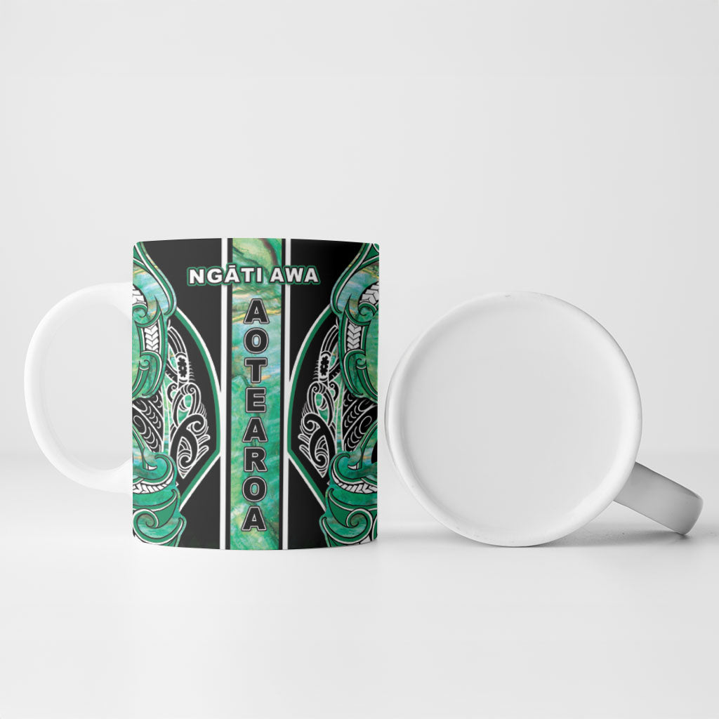 Aotearoa Ngati Awa Ceramic Mug Maori Tribal Green Marble Paua Shell Pattern