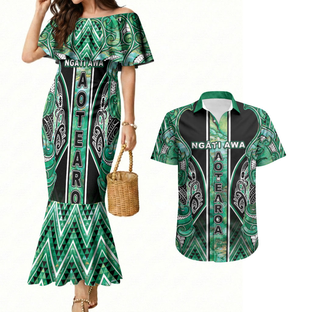 Aotearoa Ngati Awa Couples Matching Mermaid Dress and Hawaiian Shirt Maori Tribal Green Marble Paua Shell Pattern