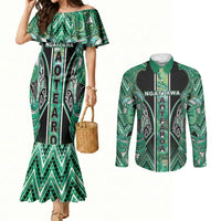 Aotearoa Ngati Awa Couples Matching Mermaid Dress and Long Sleeve Button Shirt Maori Tribal Green Marble Paua Shell Pattern