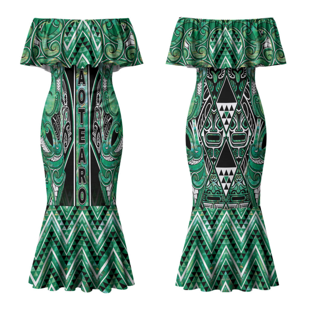 Aotearoa Ngati Awa Couples Matching Mermaid Dress and Long Sleeve Button Shirt Maori Tribal Green Marble Paua Shell Pattern