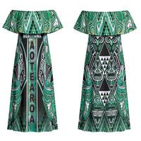 Aotearoa Ngati Awa Couples Matching Off Shoulder Maxi Dress and Long Sleeve Button Shirt Maori Tribal Green Marble Paua Shell Pattern