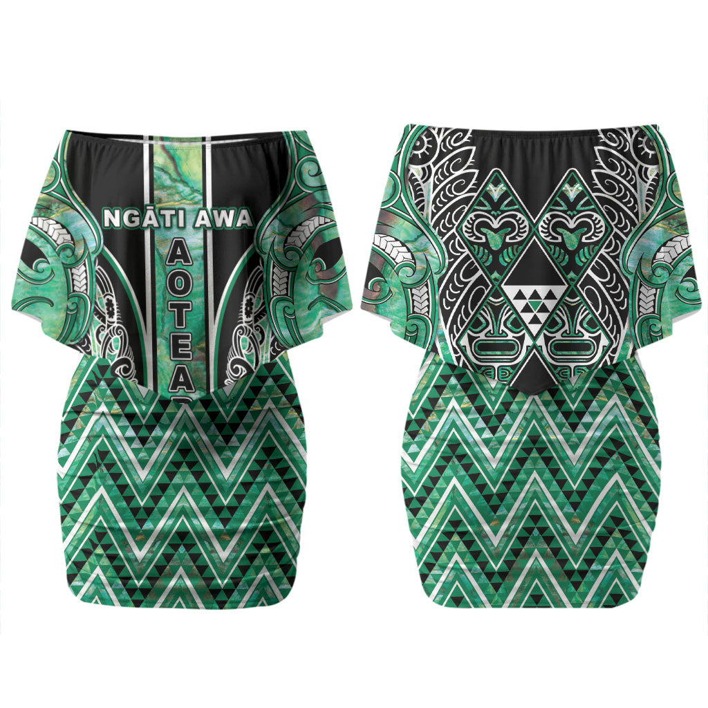 Aotearoa Ngati Awa Couples Matching Off Shoulder Short Dress and Hawaiian Shirt Maori Tribal Green Marble Paua Shell Pattern DT05 - Polynesian Pride