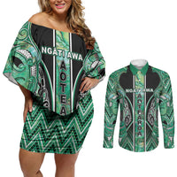 Aotearoa Ngati Awa Couples Matching Off Shoulder Short Dress and Long Sleeve Button Shirt Maori Tribal Green Marble Paua Shell Pattern