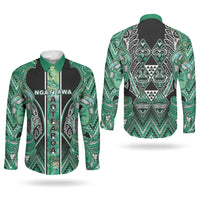 Aotearoa Ngati Awa Couples Matching Off Shoulder Short Dress and Long Sleeve Button Shirt Maori Tribal Green Marble Paua Shell Pattern