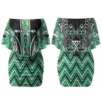 Aotearoa Ngati Awa Couples Matching Off Shoulder Short Dress and Long Sleeve Button Shirt Maori Tribal Green Marble Paua Shell Pattern
