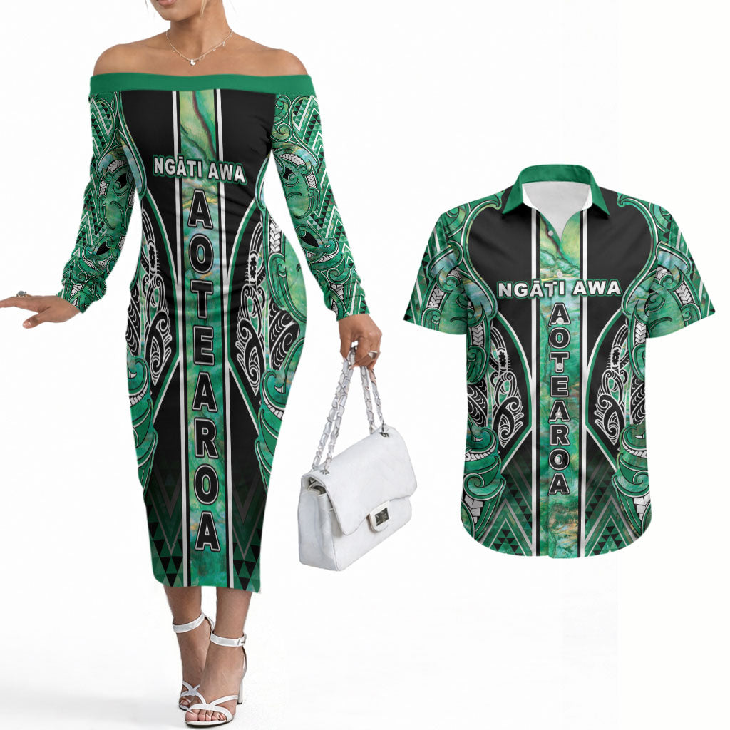 Aotearoa Ngati Awa Couples Matching Off The Shoulder Long Sleeve Dress and Hawaiian Shirt Maori Tribal Green Marble Paua Shell Pattern