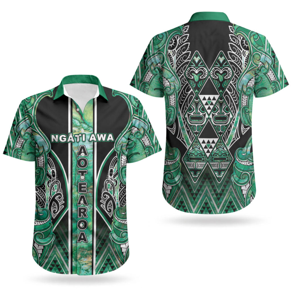 Aotearoa Ngati Awa Couples Matching Short Sleeve Bodycon Dress and Hawaiian Shirt Maori Tribal Green Marble Paua Shell Pattern DT05 - Polynesian Pride