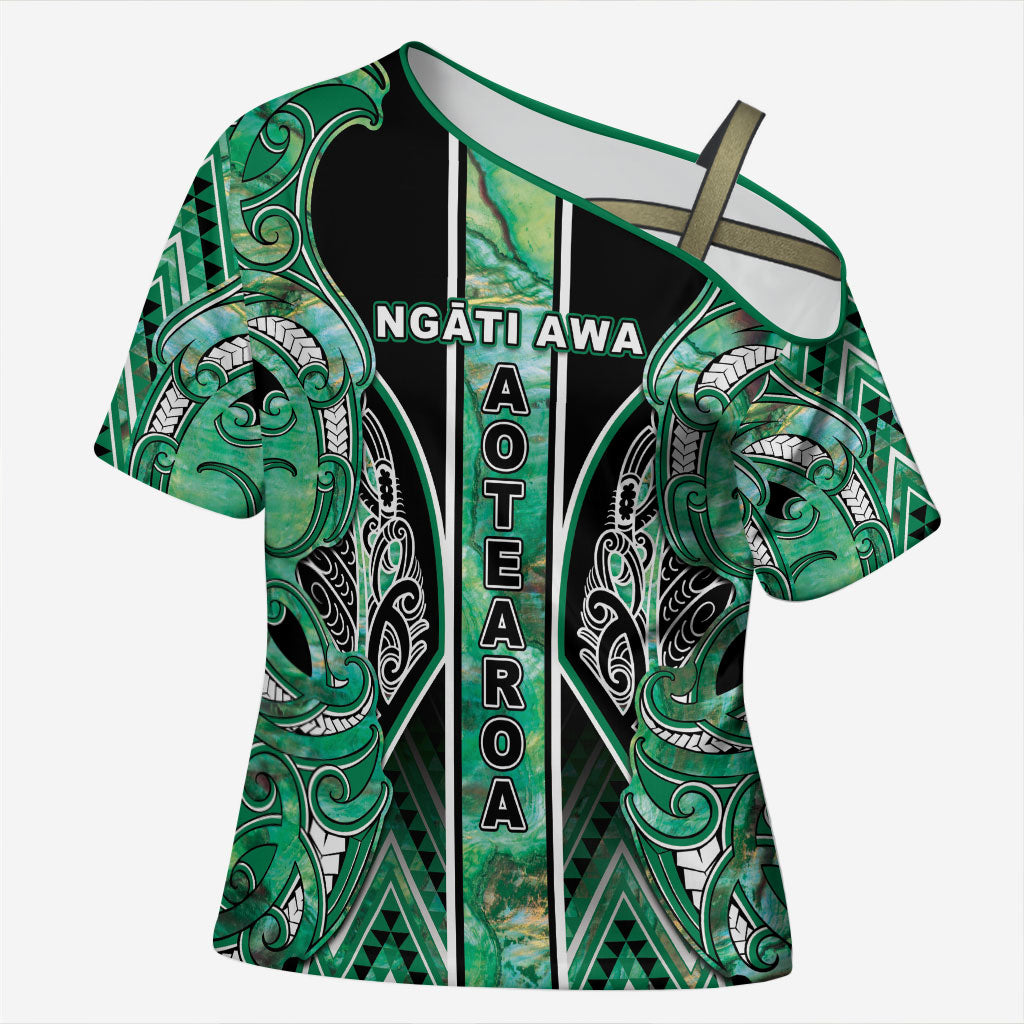 Aotearoa Ngati Awa Cross Shoulder Shirt Maori Tribal Green Marble Paua Shell Pattern