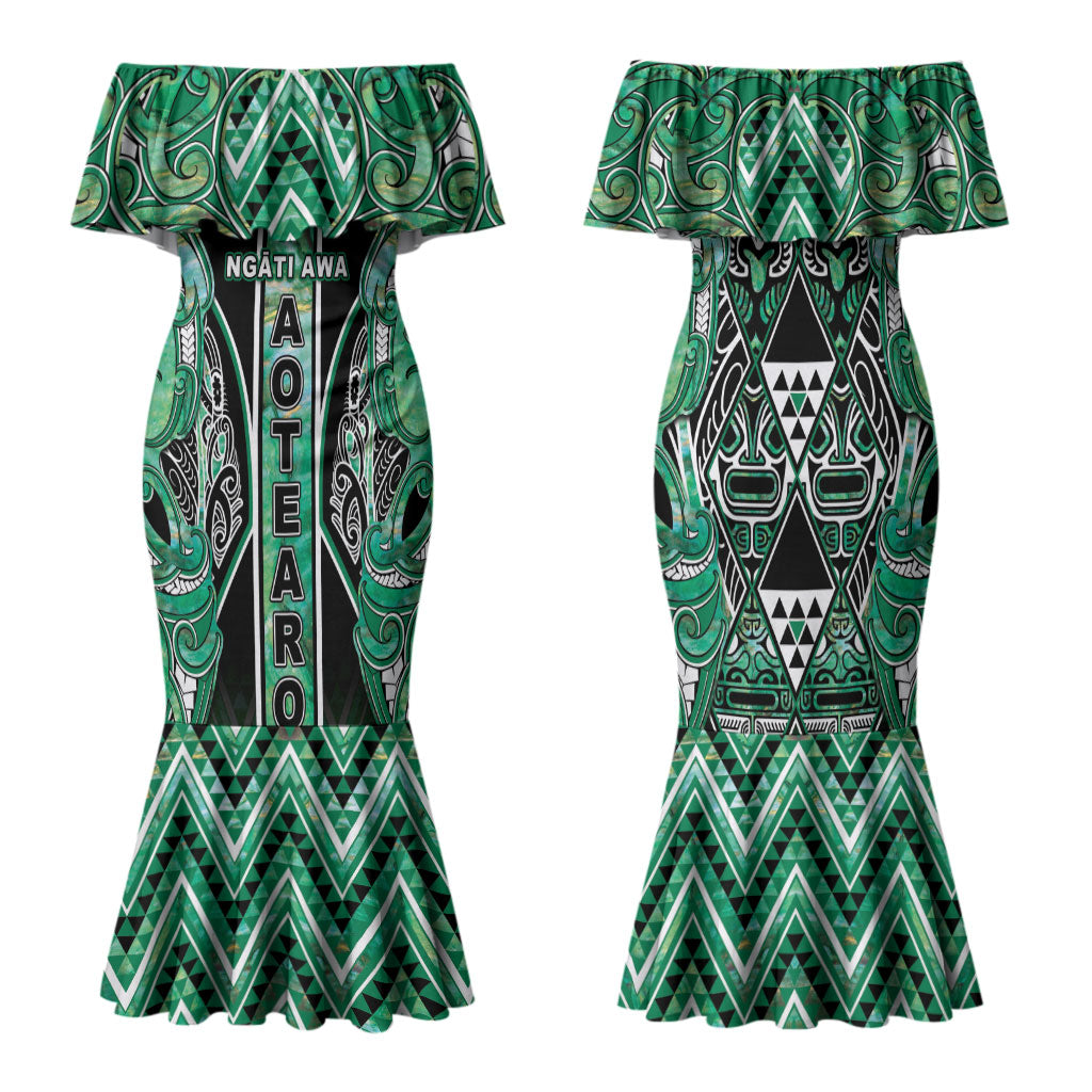 Aotearoa Ngati Awa Family Matching Mermaid Dress and Hawaiian Shirt Maori Tribal Green Marble Paua Shell Pattern DT05 Mom's Dress Green - Polynesian Pride