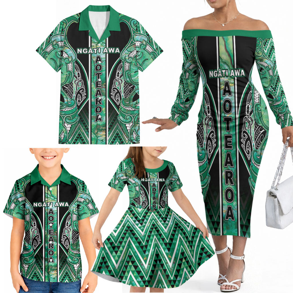 Aotearoa Ngati Awa Family Matching Off The Shoulder Long Sleeve Dress and Hawaiian Shirt Maori Tribal Green Marble Paua Shell Pattern