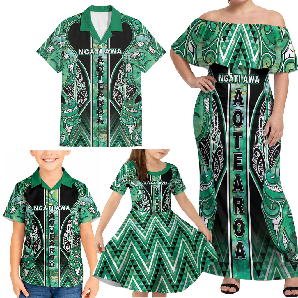Aotearoa Ngati Awa Family Matching Off Shoulder Maxi Dress and Hawaiian Shirt Maori Tribal Green Marble Paua Shell Pattern