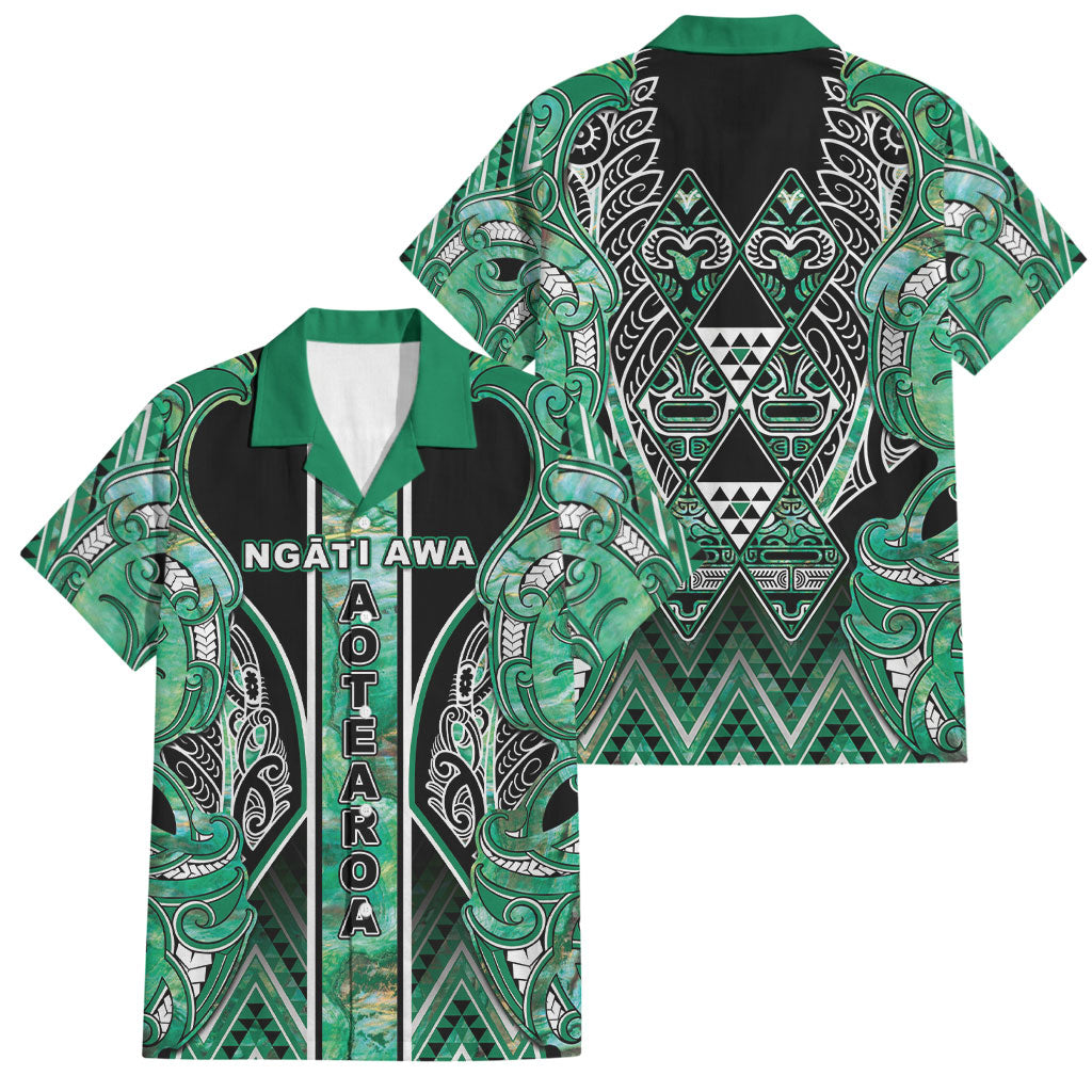 Aotearoa Ngati Awa Family Matching Off Shoulder Maxi Dress and Hawaiian Shirt Maori Tribal Green Marble Paua Shell Pattern DT05 Dad's Shirt - Short Sleeve Green - Polynesian Pride