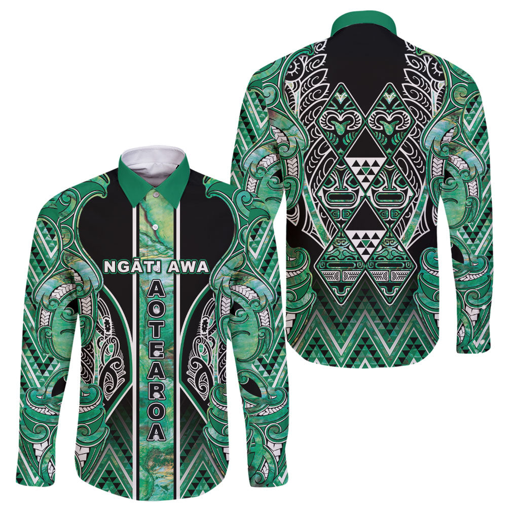Aotearoa Ngati Awa Family Matching Off Shoulder Maxi Dress and Hawaiian Shirt Maori Tribal Green Marble Paua Shell Pattern DT05 Dad's Shirt - Long Sleeve Green - Polynesian Pride