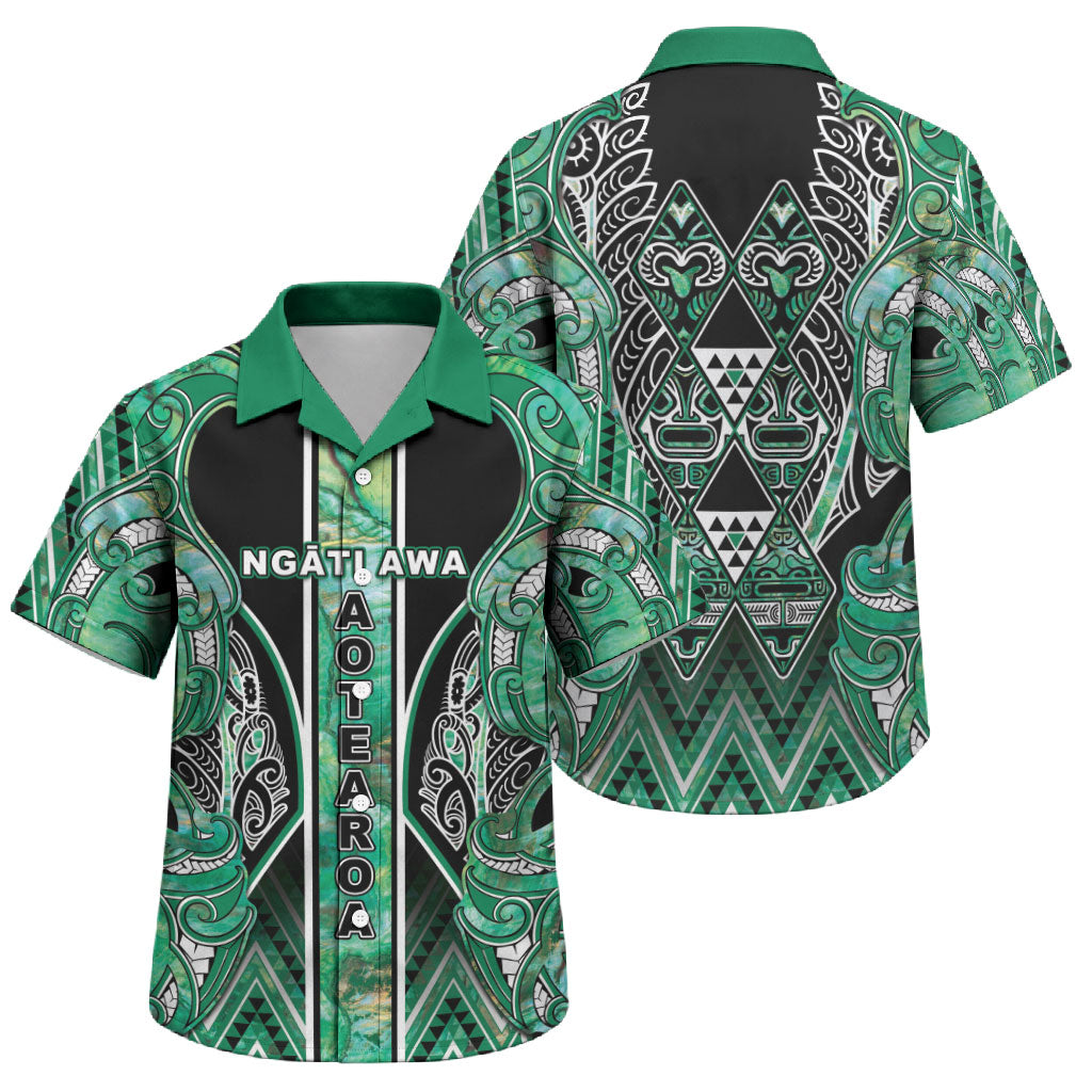 Aotearoa Ngati Awa Family Matching Off Shoulder Maxi Dress and Hawaiian Shirt Maori Tribal Green Marble Paua Shell Pattern DT05 Son's Shirt Green - Polynesian Pride