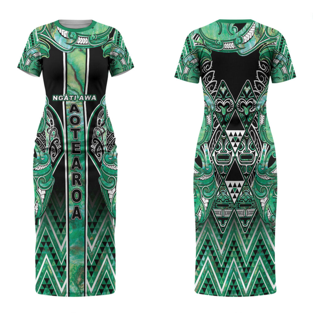 Aotearoa Ngati Awa Family Matching Short Sleeve Bodycon Dress and Hawaiian Shirt Maori Tribal Green Marble Paua Shell Pattern DT05 Mom's Dress Green - Polynesian Pride