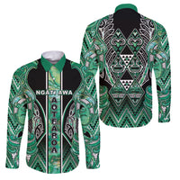 Aotearoa Ngati Awa Family Matching Tank Maxi Dress and Hawaiian Shirt Maori Tribal Green Marble Paua Shell Pattern DT05 Dad's Shirt - Long Sleeve Green - Polynesian Pride