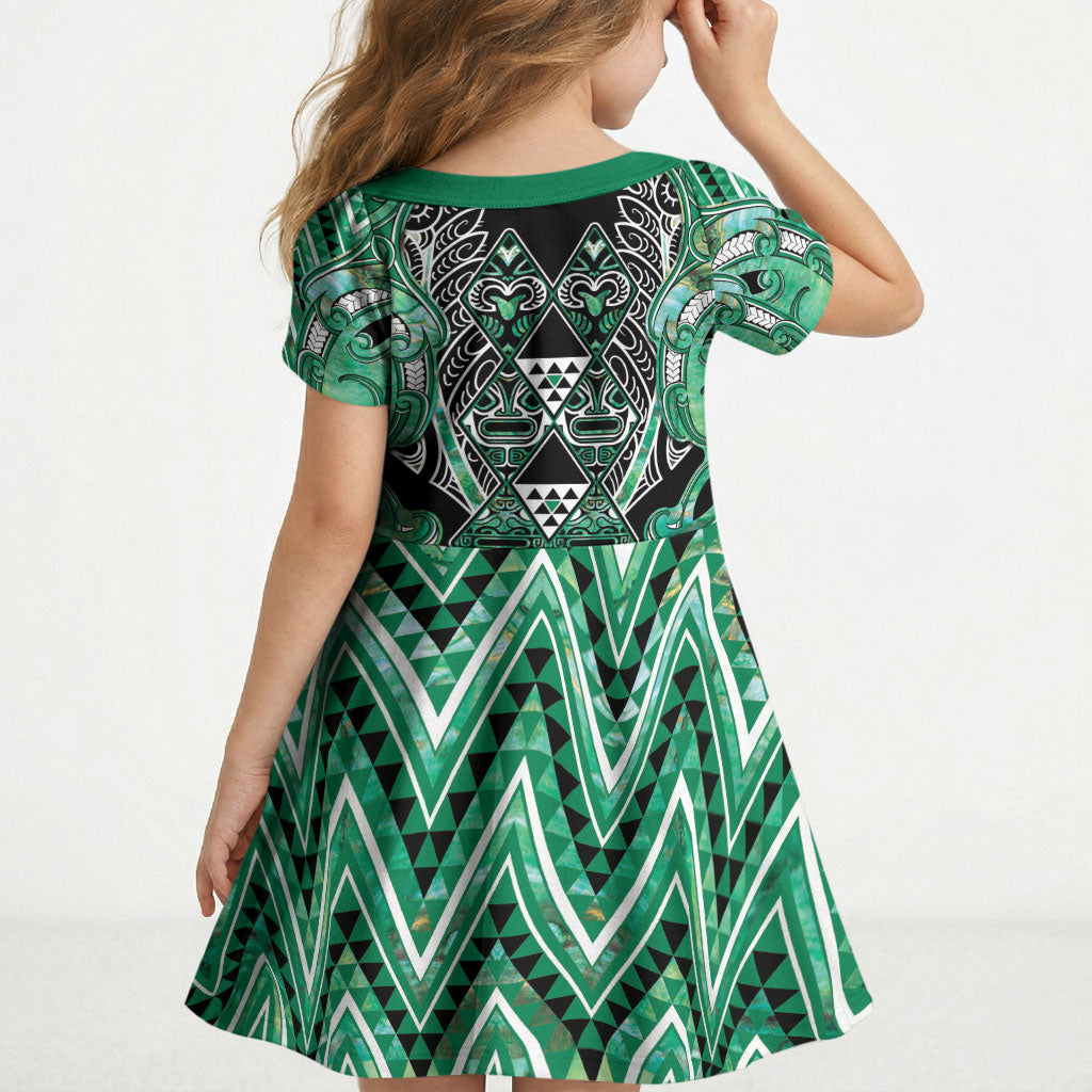 Aotearoa Ngati Awa Kid Short Sleeve Dress Maori Tribal Green Marble Paua Shell Pattern