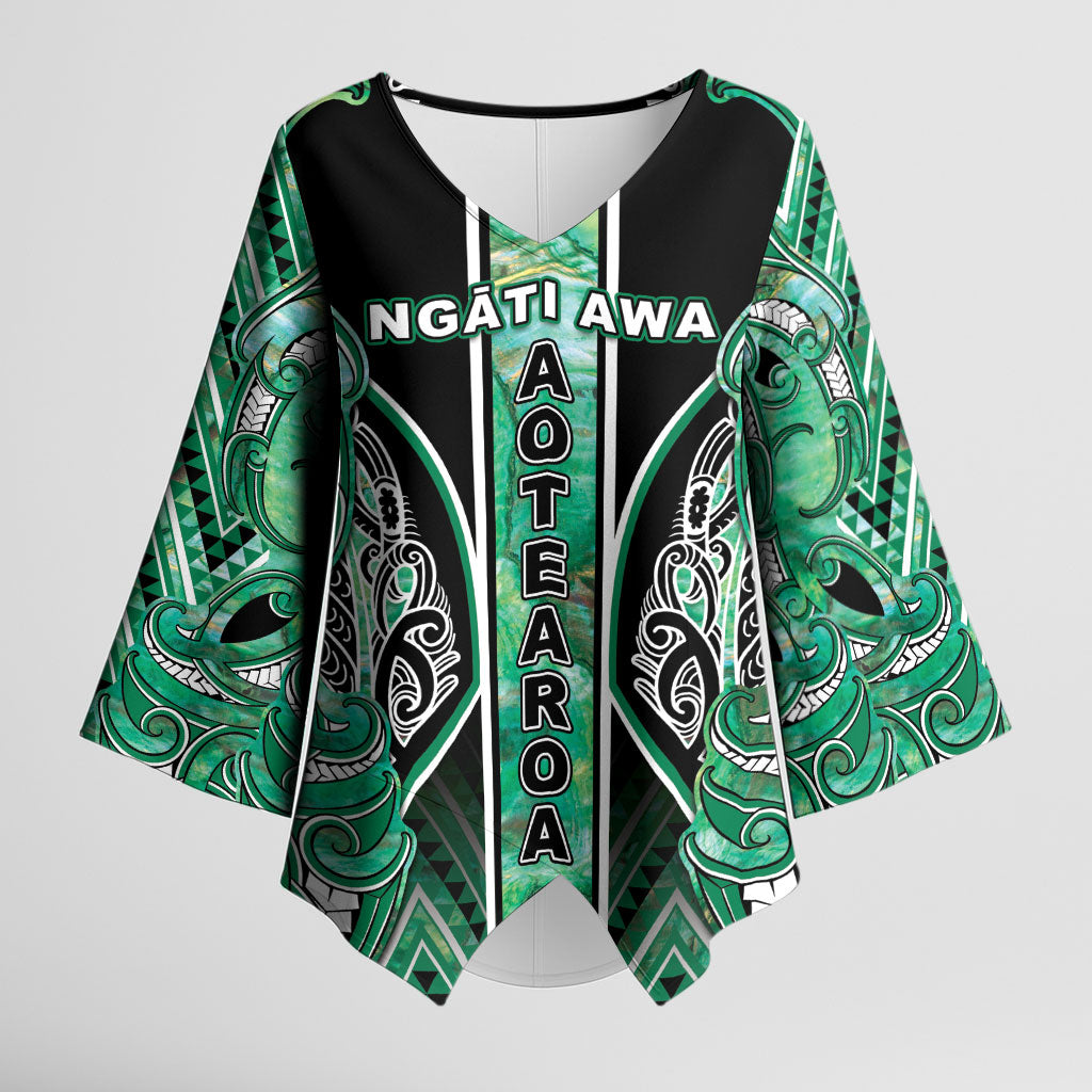 Aotearoa Ngati Awa Kimono Sleeve Blouse Maori Tribal Green Marble Paua Shell Pattern