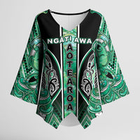 Aotearoa Ngati Awa Kimono Sleeve Blouse Maori Tribal Green Marble Paua Shell Pattern