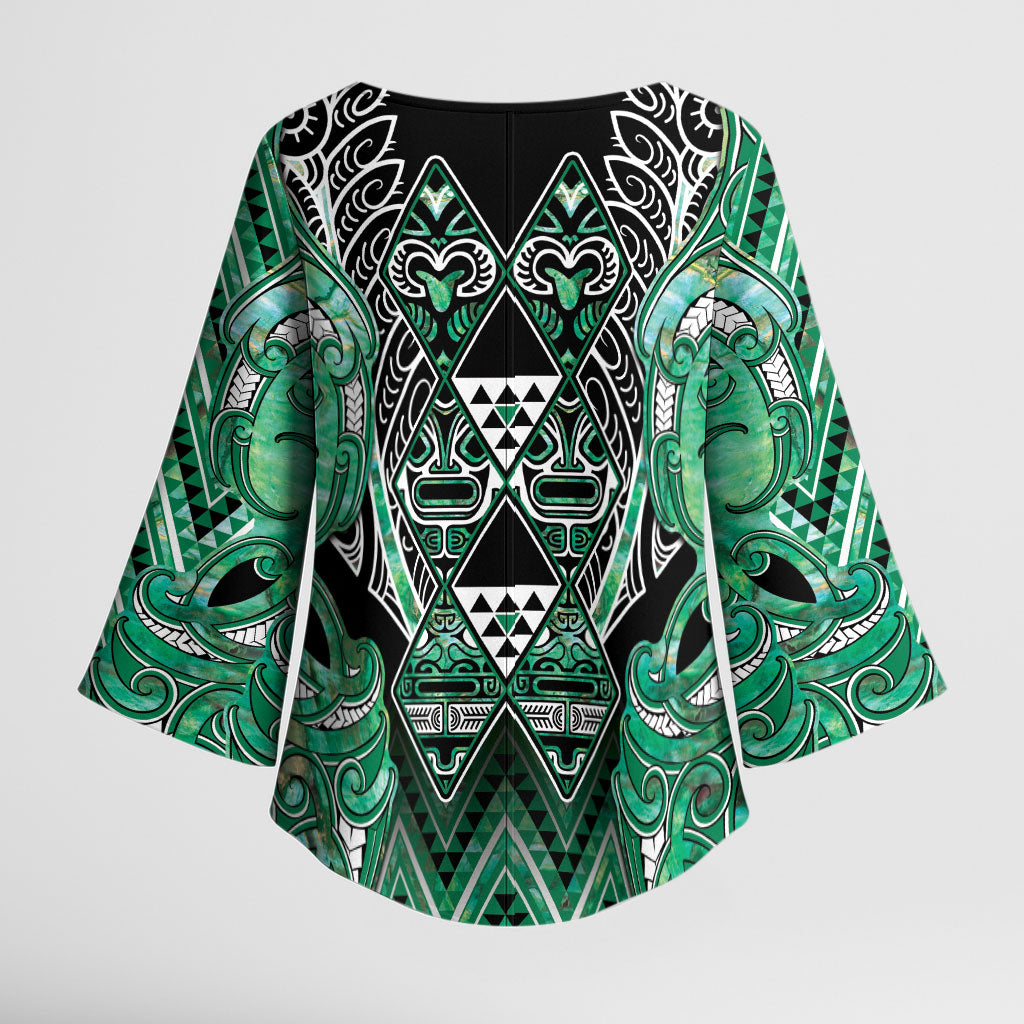 Aotearoa Ngati Awa Kimono Sleeve Blouse Maori Tribal Green Marble Paua Shell Pattern