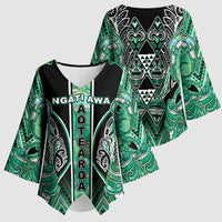 Aotearoa Ngati Awa Kimono Sleeve Blouse Maori Tribal Green Marble Paua Shell Pattern