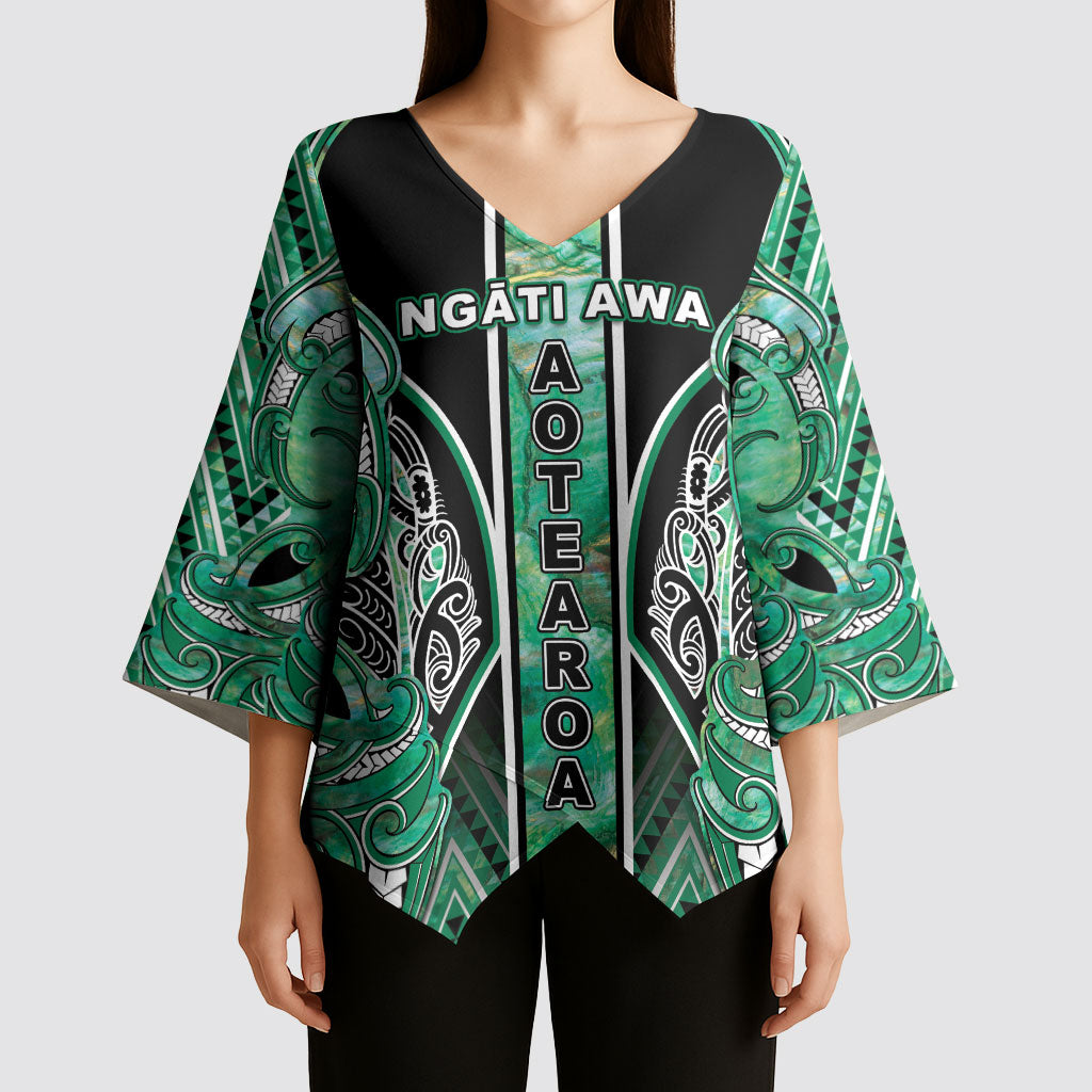 Aotearoa Ngati Awa Kimono Sleeve Blouse Maori Tribal Green Marble Paua Shell Pattern