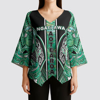 Aotearoa Ngati Awa Kimono Sleeve Blouse Maori Tribal Green Marble Paua Shell Pattern