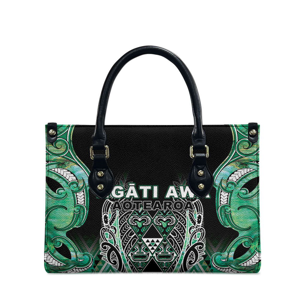 Aotearoa Ngati Awa Leather Bag Maori Tribal Green Marble Paua Shell Pattern