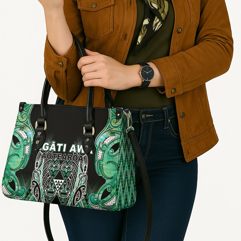 Aotearoa Ngati Awa Leather Bag Maori Tribal Green Marble Paua Shell Pattern