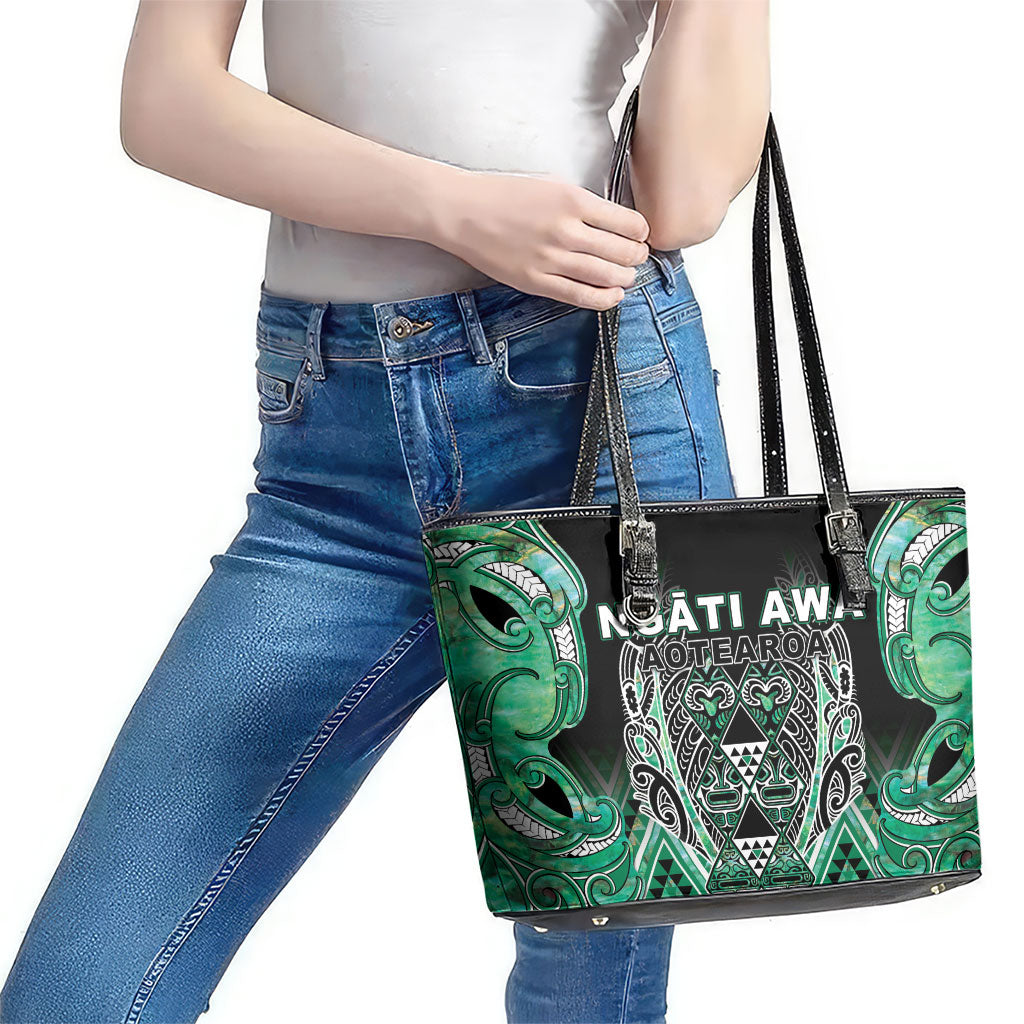 Aotearoa Ngati Awa Leather Tote Bag Maori Tribal Green Marble Paua Shell Pattern